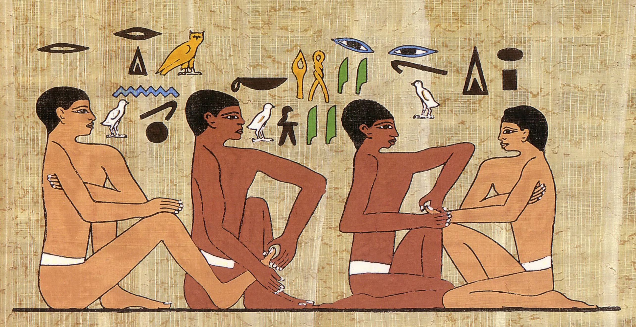 Fresque égyptienne antique représentant des soins des mains et des pieds, aux origines de la réflexologie